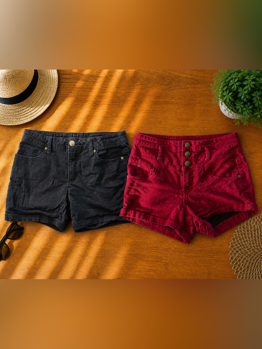 2 Pack Womens Shorts Black & Red Same Fit Size 8/11 Casual Bundle